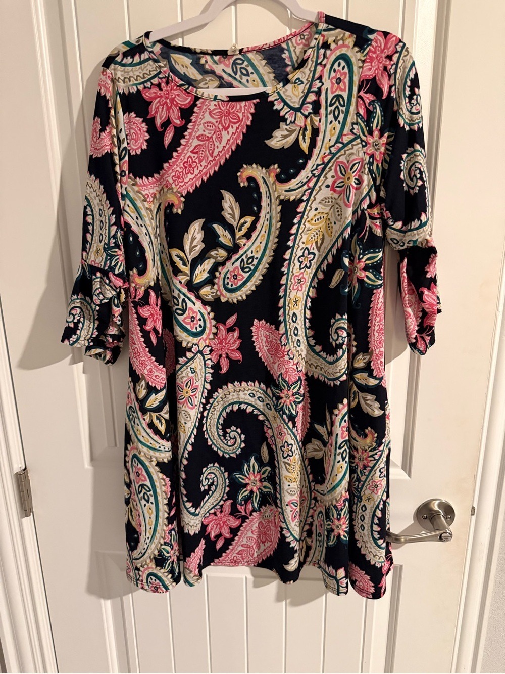 Beeson River Paisley Floral Dress Large Navy Pink Teal Boho 3/4 Sleeve